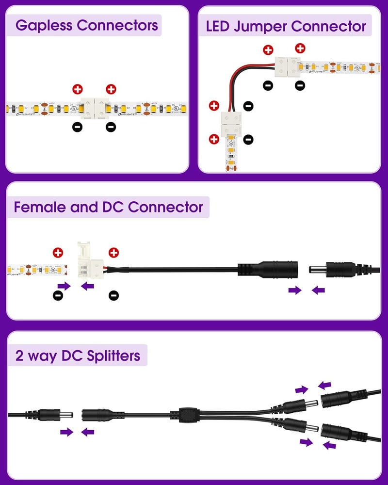 HitLights LED Strip Connector 2Pin 8mm Connector Kit Include Solderless Gapless Connector, 6Inch Jumper Connector, DC Female and Connector, DC Jack Splitter for 3528 5050 LED Strips - Image 5